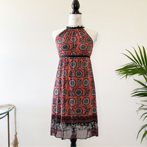 Max Studio Coral Halter Dress with Black and White Mesh Floral Print Size XS